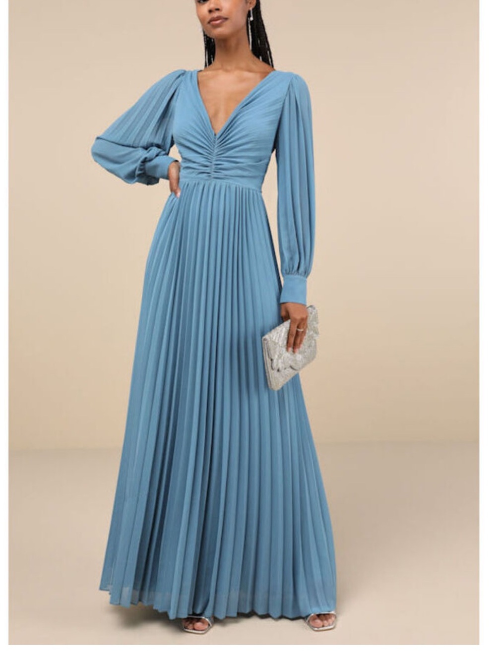 Lulu's Grace Slate Blue Pleated V-Neck Maxi Dress size SMALL